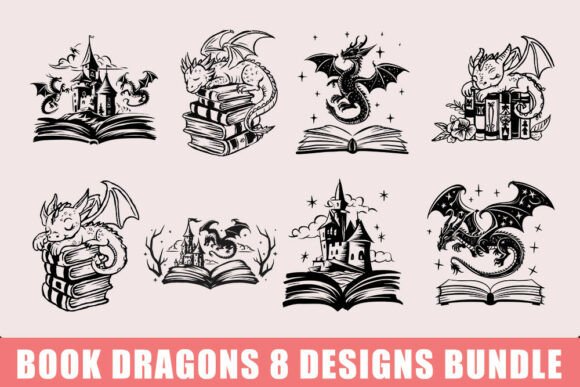 Book Dragons 8 Designs Bundle: Graphics for Crafts
