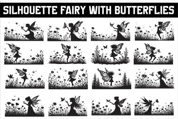 Silhouette of Fairy with Butterflies Graphics and Crafts